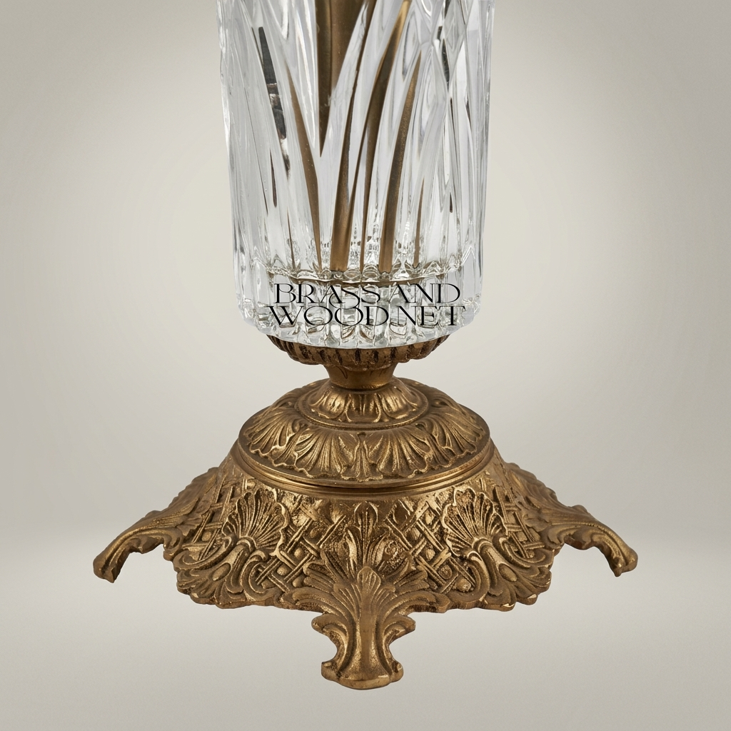 Neoclassical Lidded Crystal Urn Vase with Ornate Brass Mounts & Pinecone Finial — Antique Gold