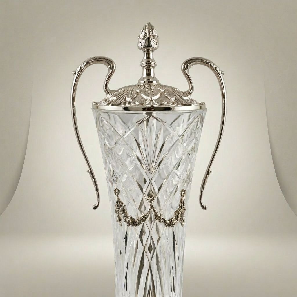 Neoclassical Lidded Crystal Urn Vase with Ornate Brass Mounts & Pinecone Finial — Silver