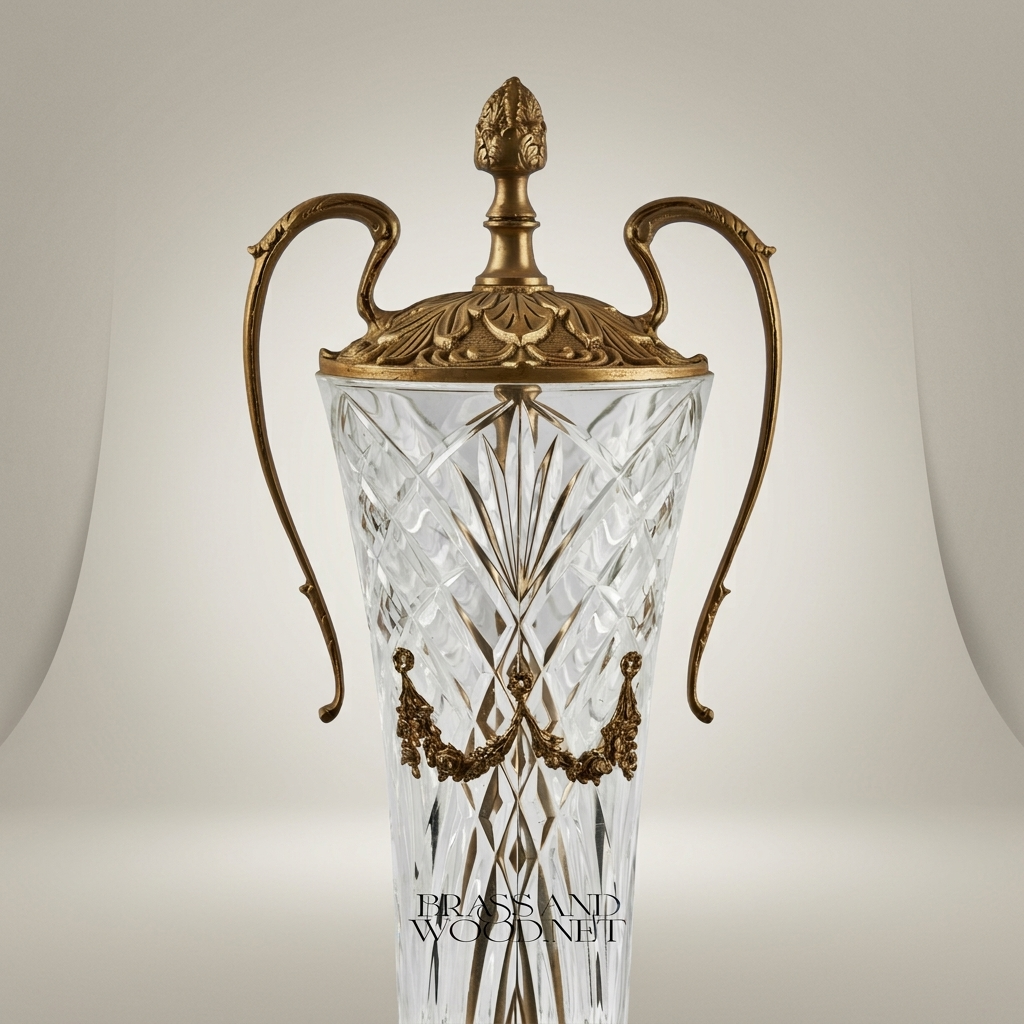 Neoclassical Lidded Crystal Urn Vase with Ornate Brass Mounts & Pinecone Finial — Antique Gold