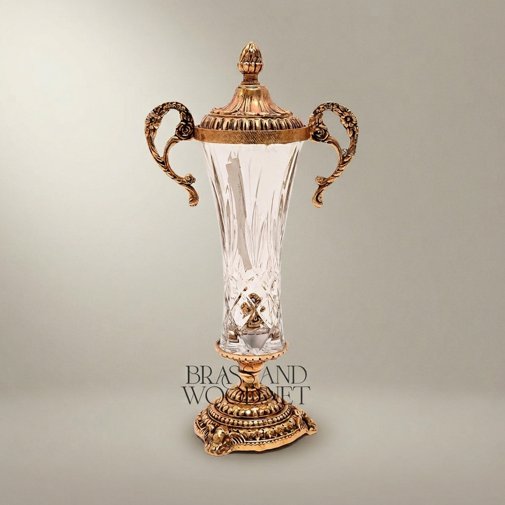 Neoclassical Trophy Urn Vase in Cut Crystal & Brass – Lidded with Scroll Handles