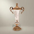 Neoclassical Trophy Urn Vase in Cut Crystal & Brass – Lidded with Scroll Handles — Gold