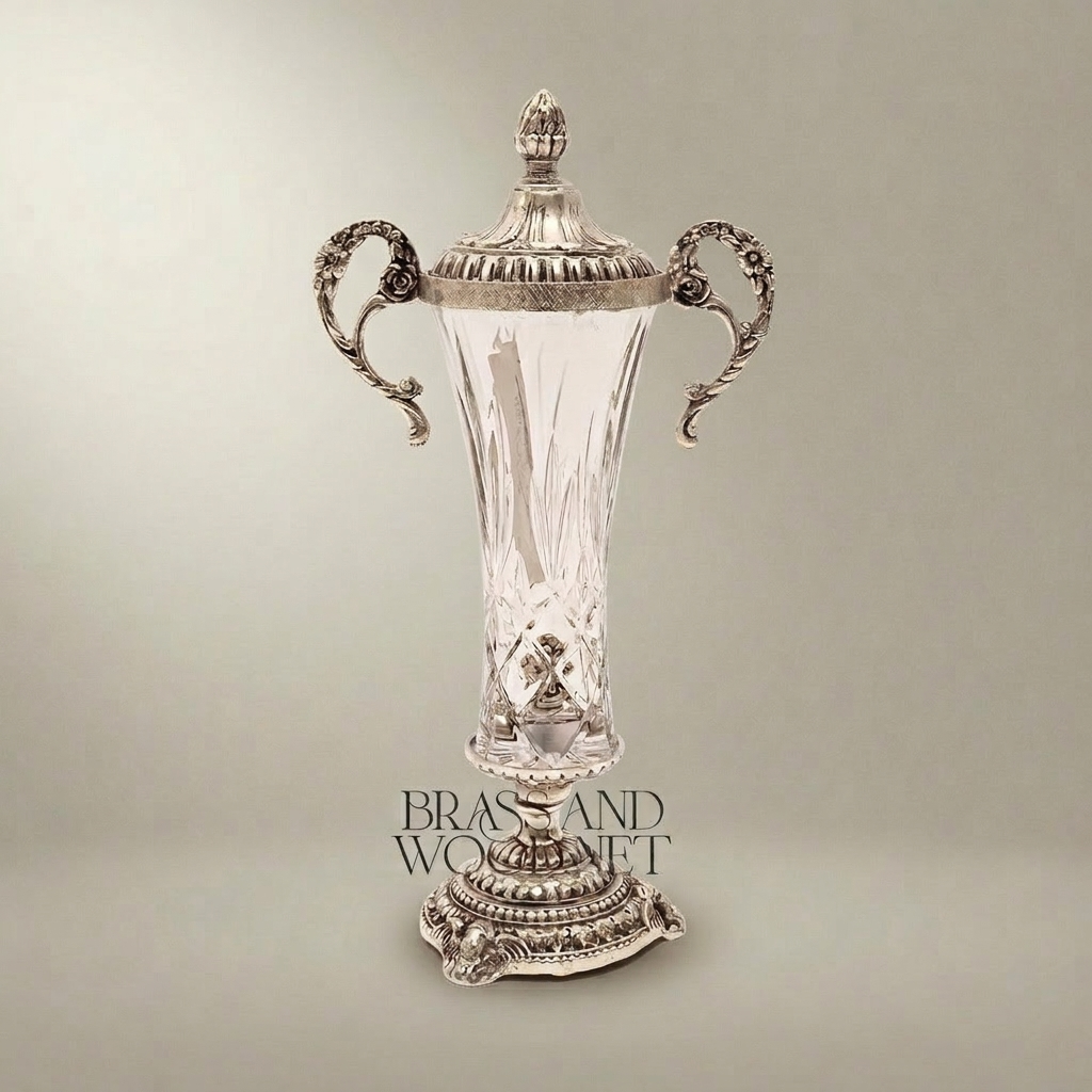 Neoclassical Trophy Urn Vase in Cut Crystal & Brass – Lidded with Scroll Handles — Silver
