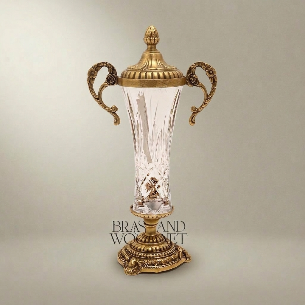 Neoclassical Trophy Urn Vase in Cut Crystal & Brass – Lidded with Scroll Handles — Antique Gold