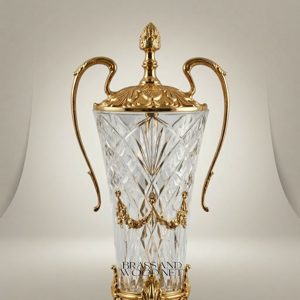Neoclassical Lidded Crystal Urn Vase with Ornate Brass Mounts & Pinecone Finial — Gold