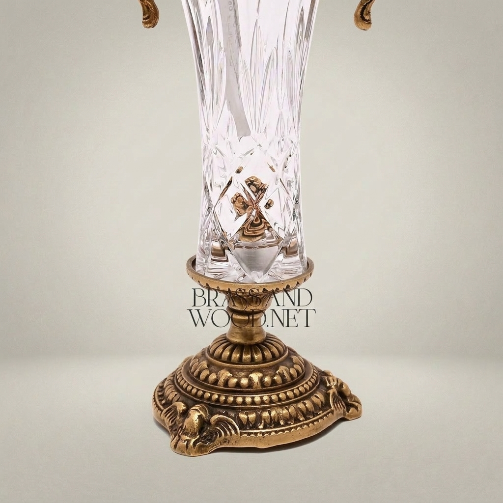 Neoclassical Trophy Urn Vase in Cut Crystal & Brass – Lidded with Scroll Handles — Antique Gold