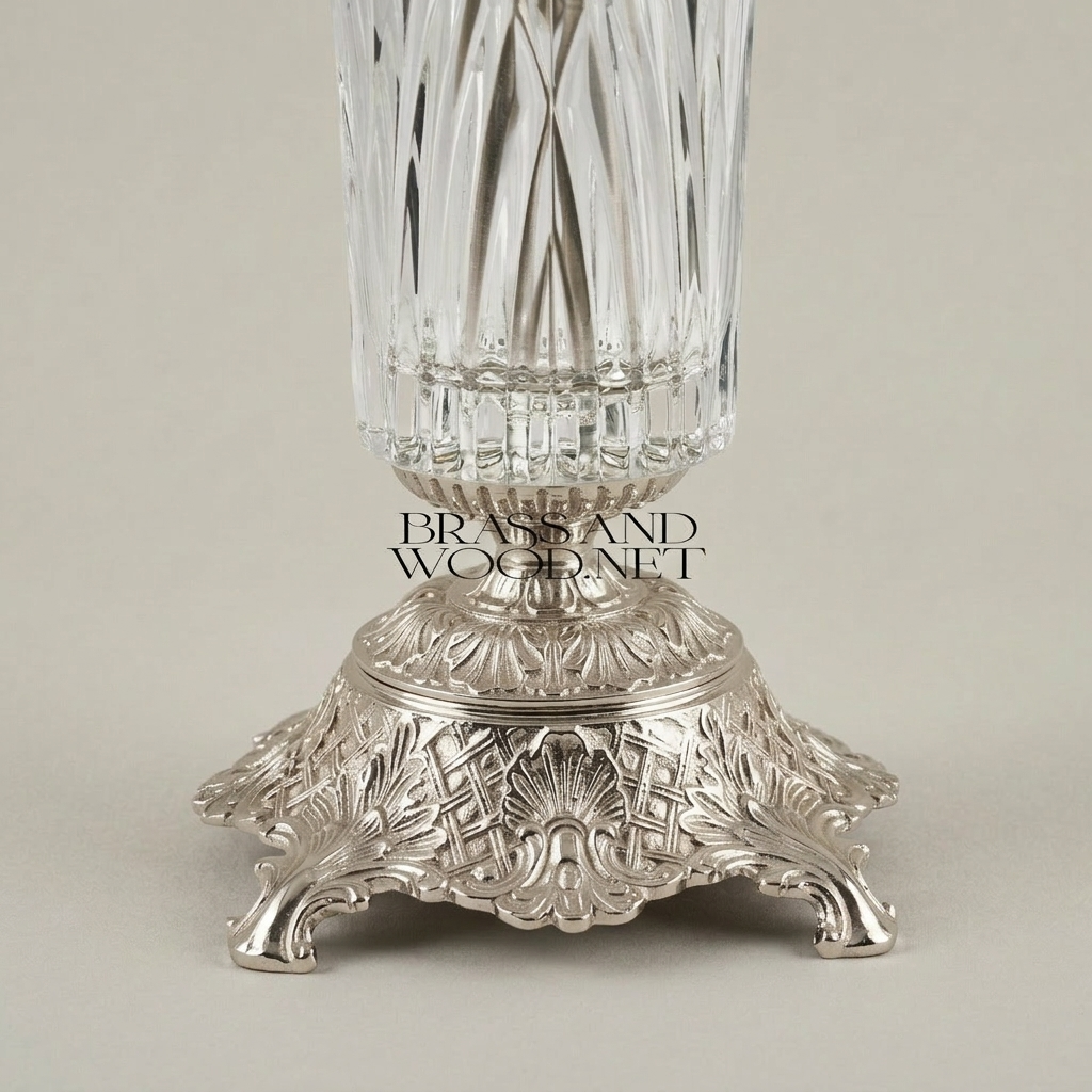 Neoclassical Lidded Crystal Urn Vase with Ornate Brass Mounts & Pinecone Finial — Silver