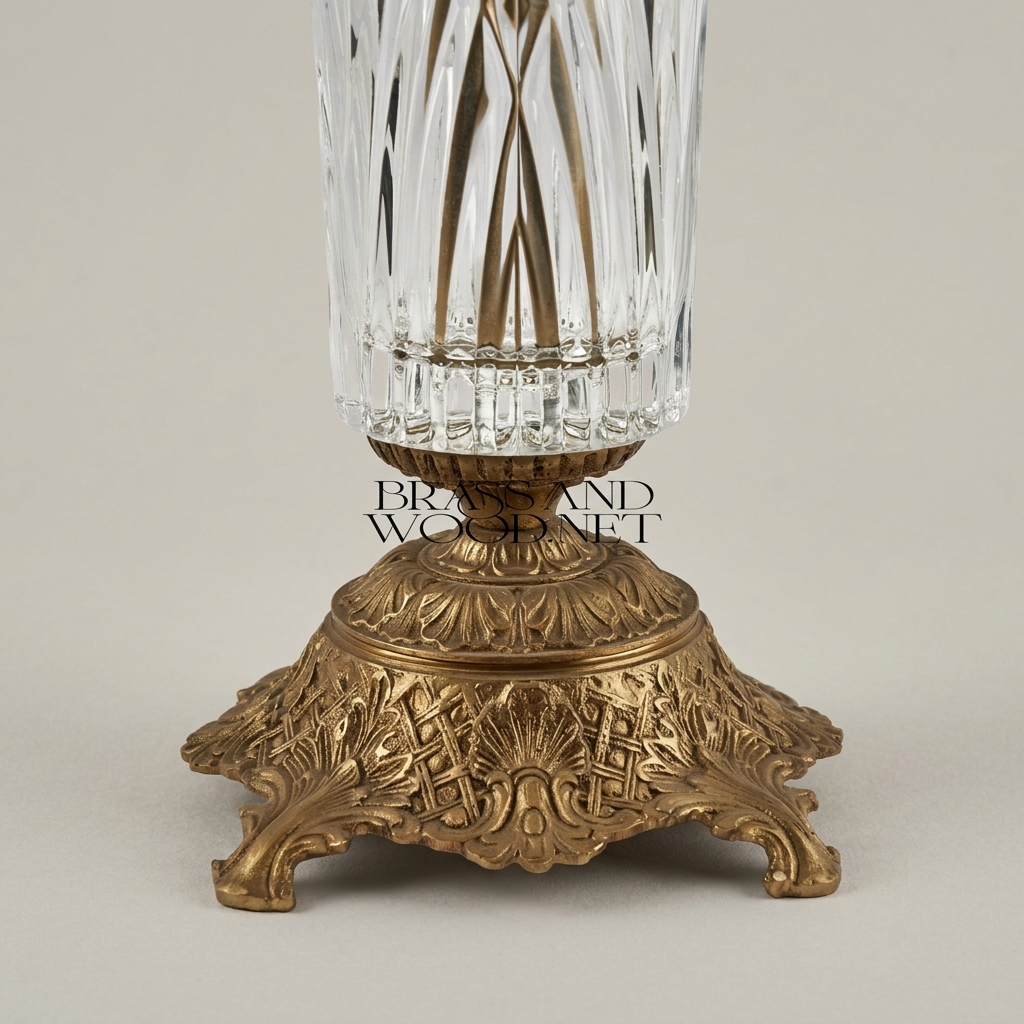Neoclassical Lidded Crystal Urn Vase with Ornate Brass Mounts & Pinecone Finial — Antique Gold