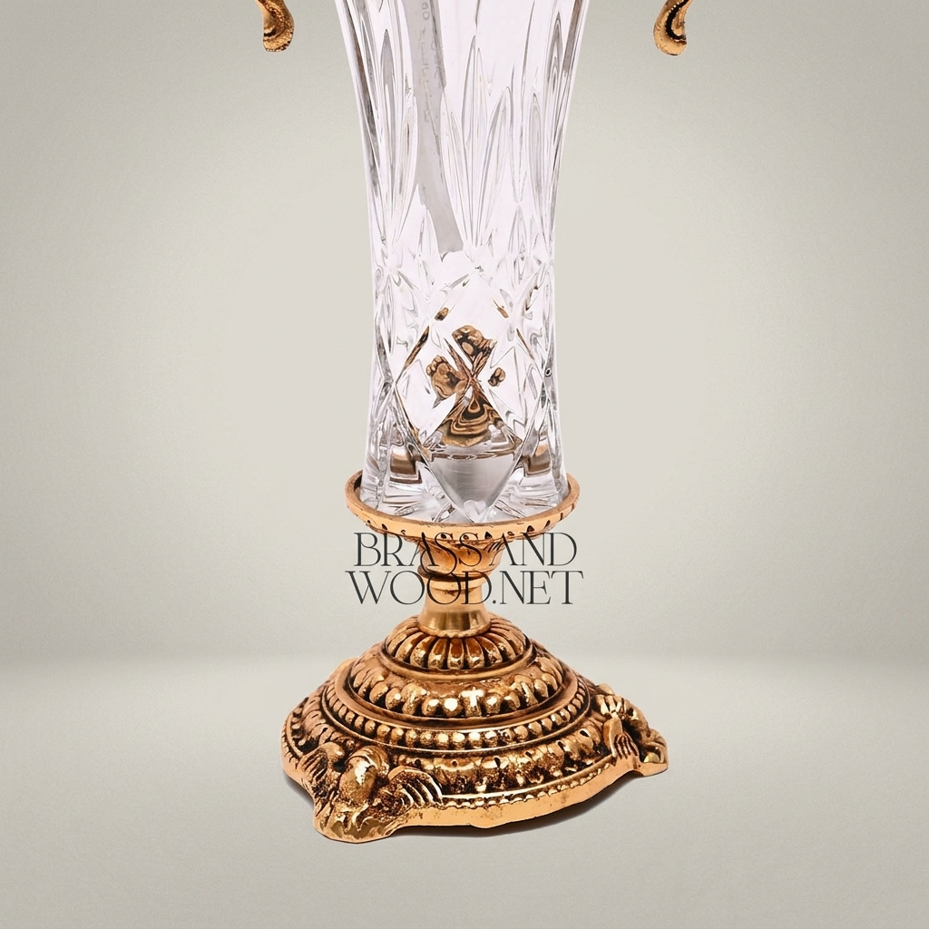 Neoclassical Trophy Urn Vase in Cut Crystal & Brass – Lidded with Scroll Handles