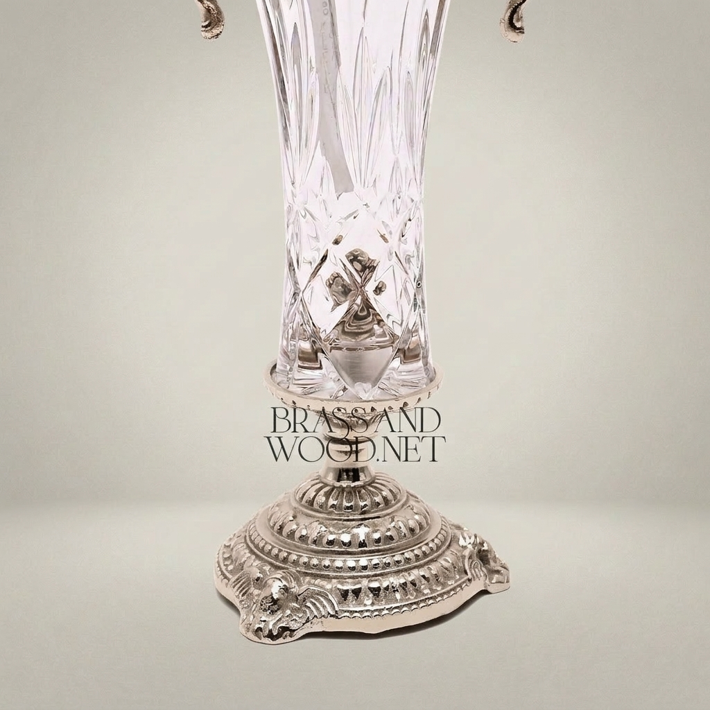Neoclassical Trophy Urn Vase in Cut Crystal & Brass – Lidded with Scroll Handles — Silver
