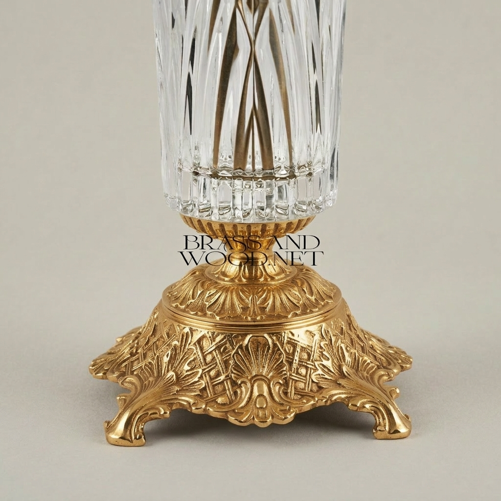 Neoclassical Lidded Crystal Urn Vase with Ornate Brass Mounts & Pinecone Finial