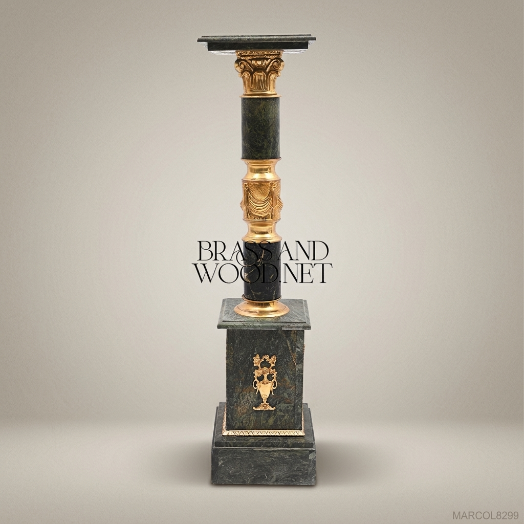 Neoclassical Marble & Brass Column Pedestal with Corinthian Capital