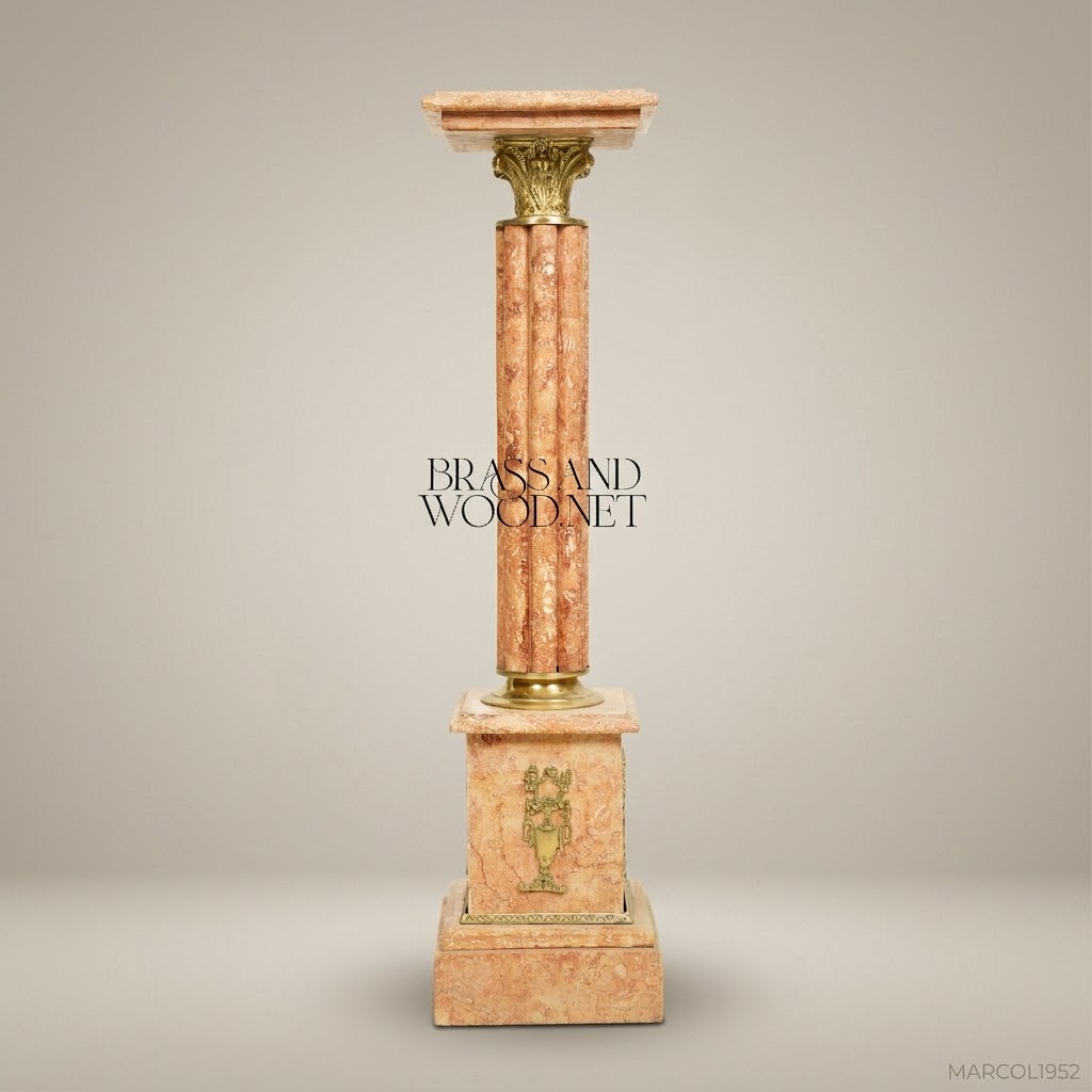 Neoclassical Marble Pedestal Column with Brass Corinthian Capital