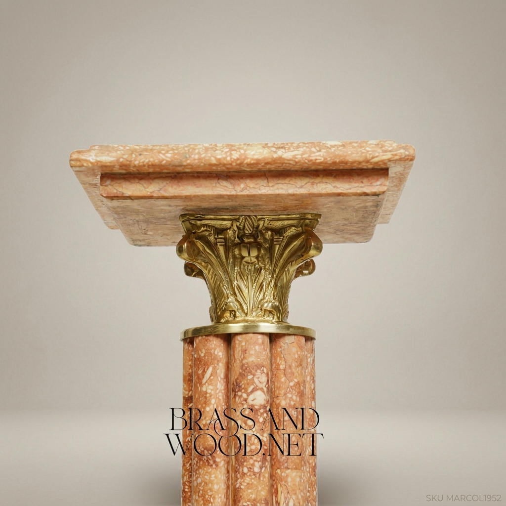 Neoclassical Marble Pedestal Column with Brass Corinthian Capital