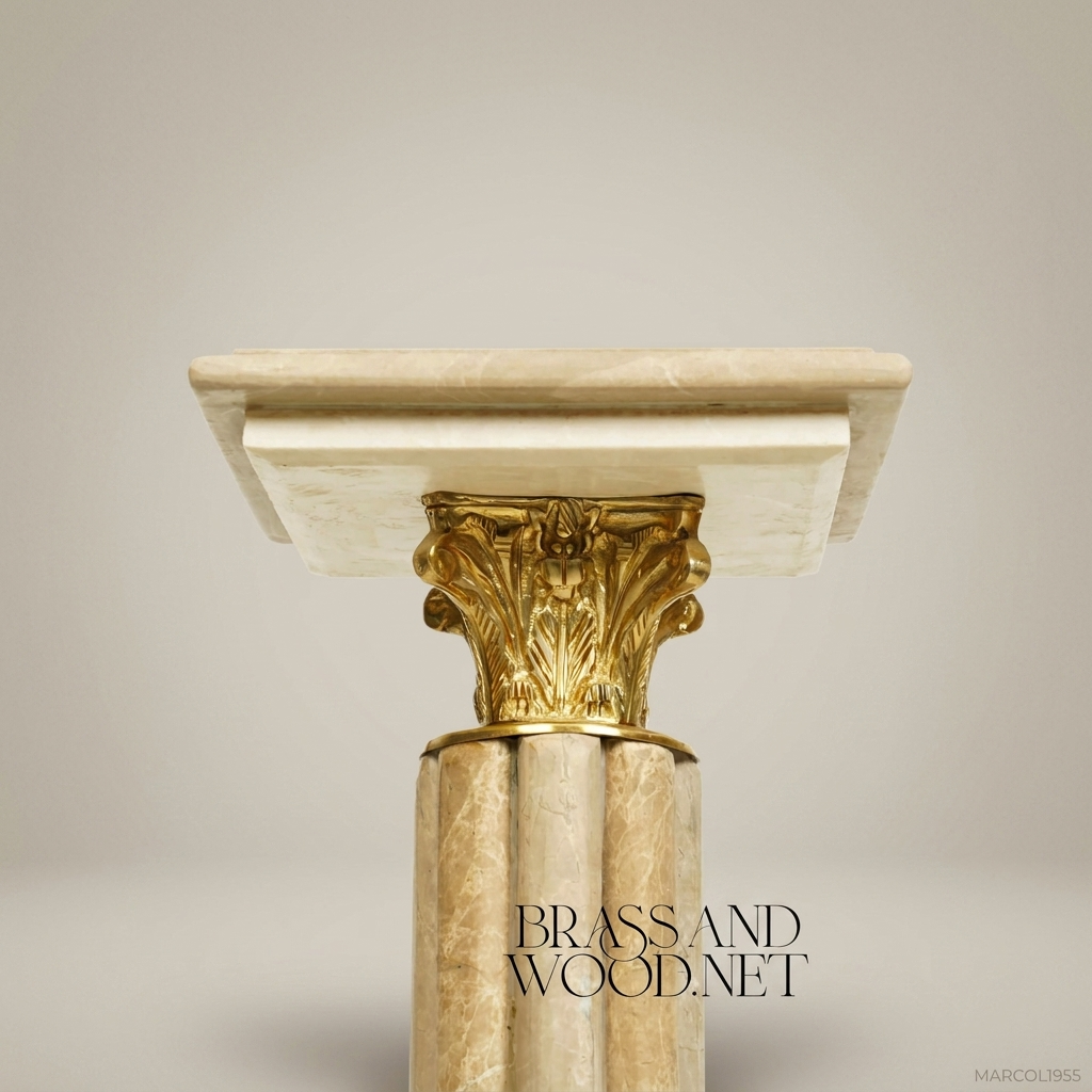 Neoclassical Marble Column Pedestal with Gilt Brass Corinthian Capital