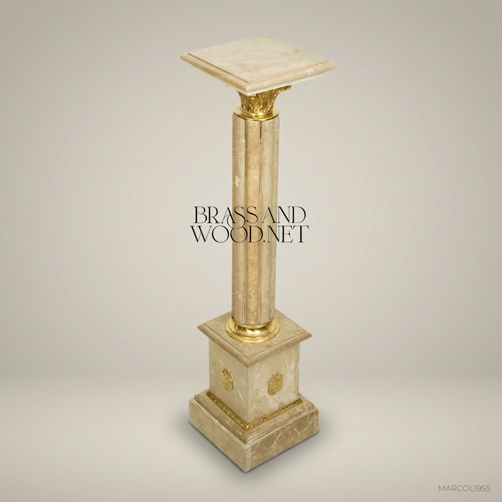Neoclassical Marble Column Pedestal with Gilt Brass Corinthian Capital