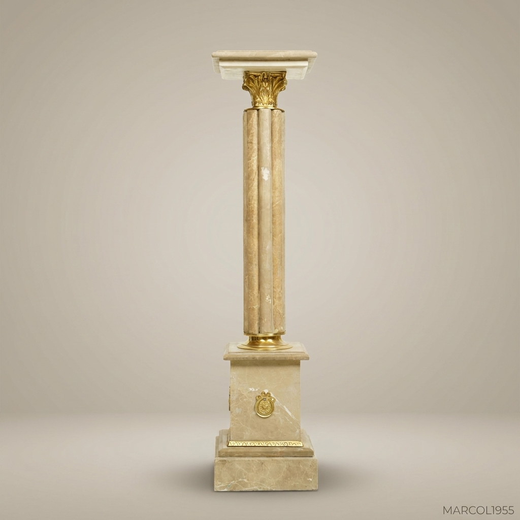 Neoclassical Marble Column Pedestal with Gilt Brass Corinthian Capital