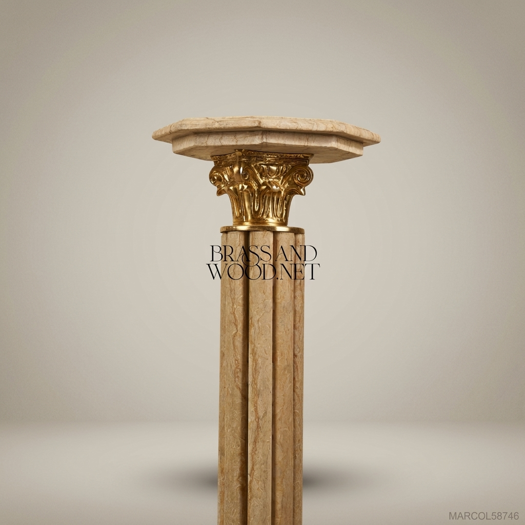 Neoclassical Marble Column Pedestal with Gilt Corinthian Capital