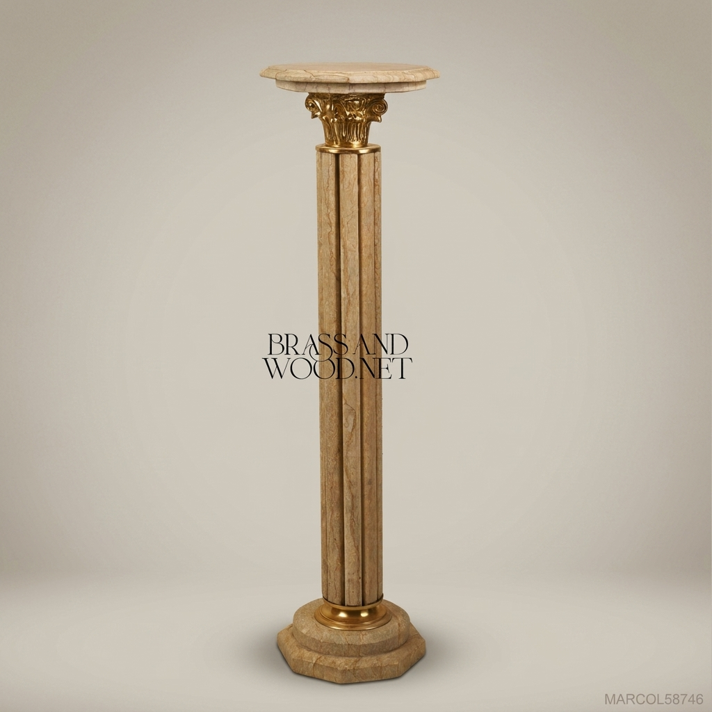 Neoclassical Marble Column Pedestal with Gilt Corinthian Capital