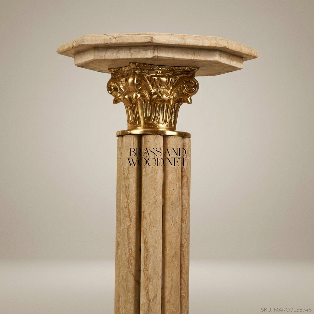 Neoclassical Marble Column Pedestal with Gilt Corinthian Capital