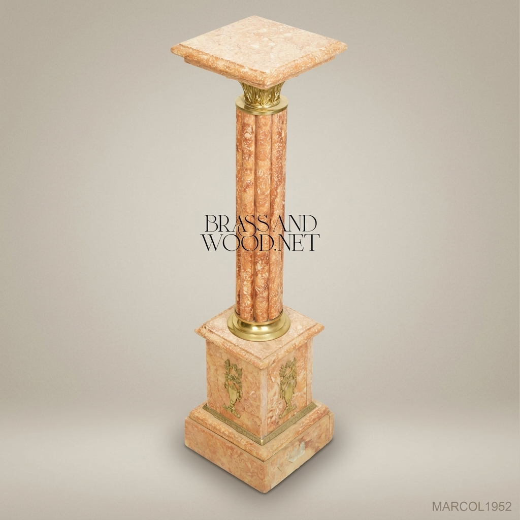Neoclassical Marble Pedestal Column with Brass Corinthian Capital