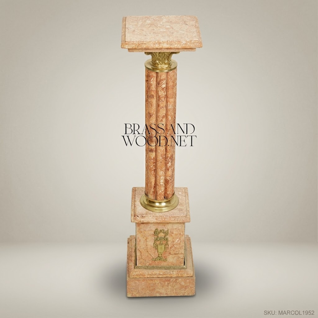 Neoclassical Marble Pedestal Column with Brass Corinthian Capital