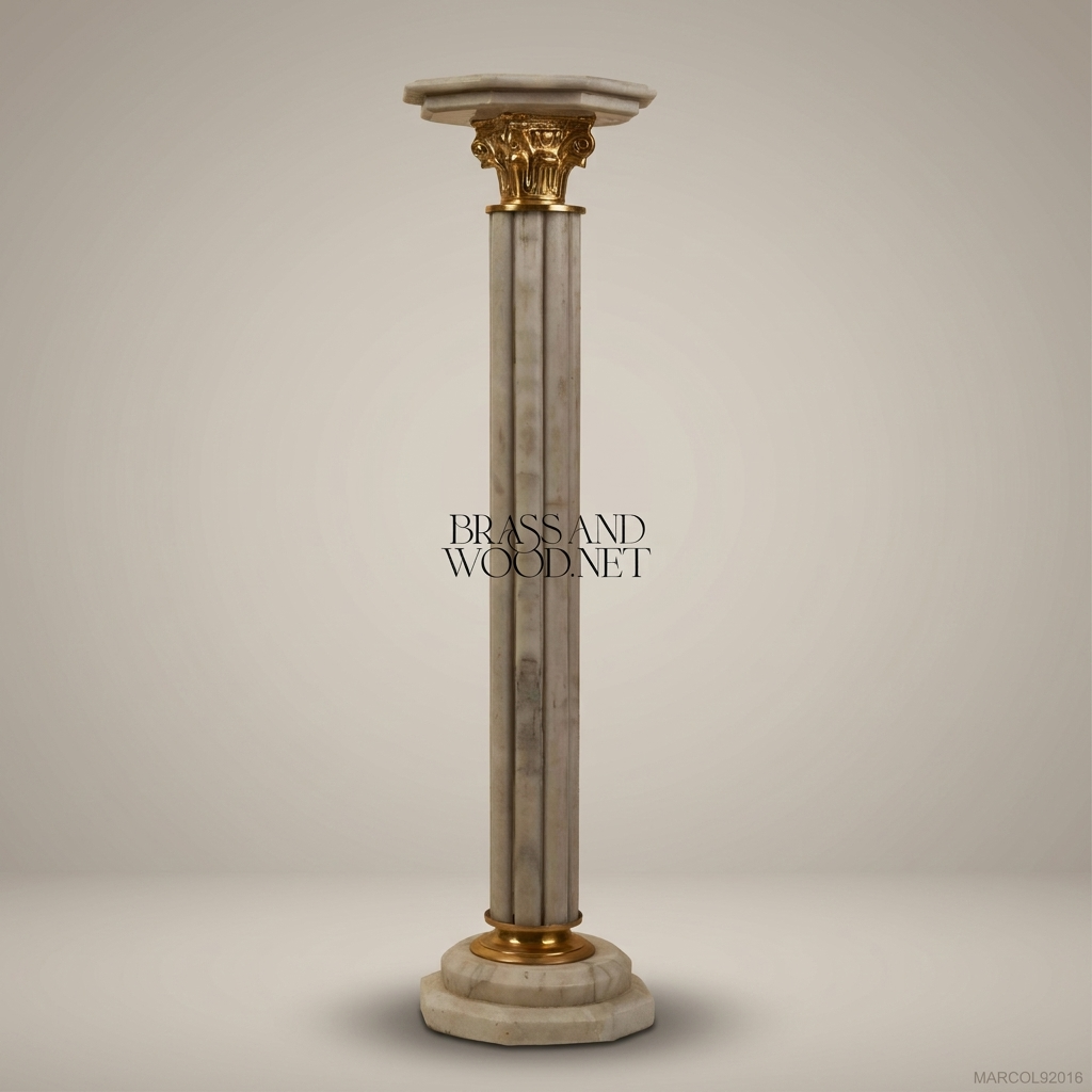 Neoclassical Marble Pedestal Column with Gilded Corinthian Capital