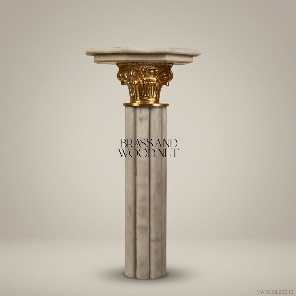 Neoclassical Marble Pedestal Column with Gilded Corinthian Capital