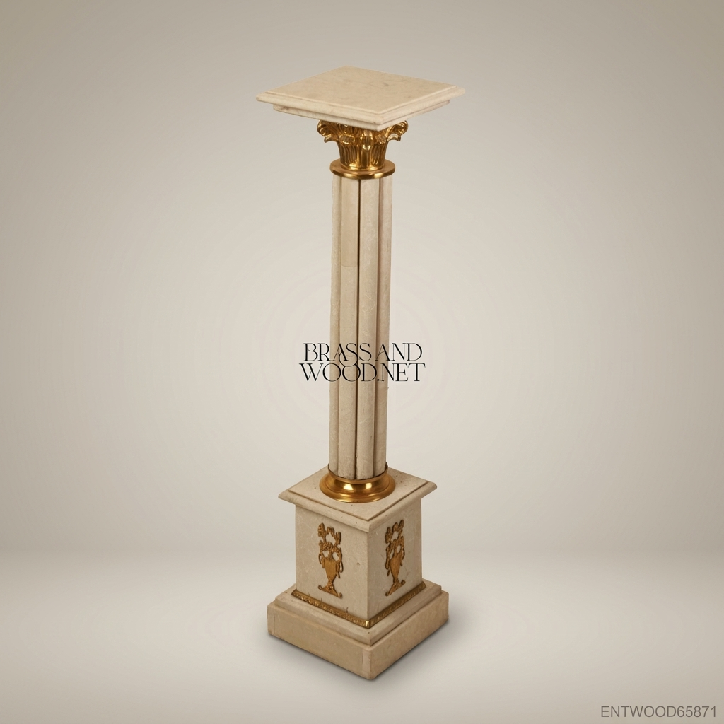 Neoclassical Marble Pedestal Column with Gilt Brass Corinthian Capital