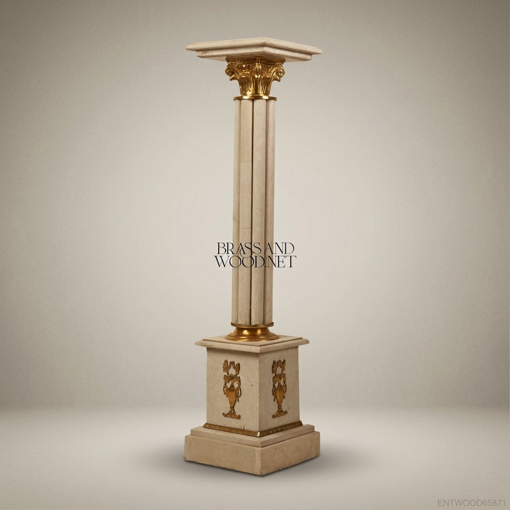 Neoclassical Marble Pedestal Column with Gilt Brass Corinthian Capital