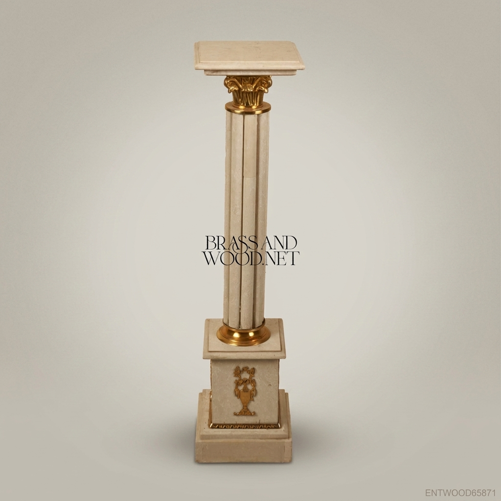 Neoclassical Marble Pedestal Column with Gilt Brass Corinthian Capital