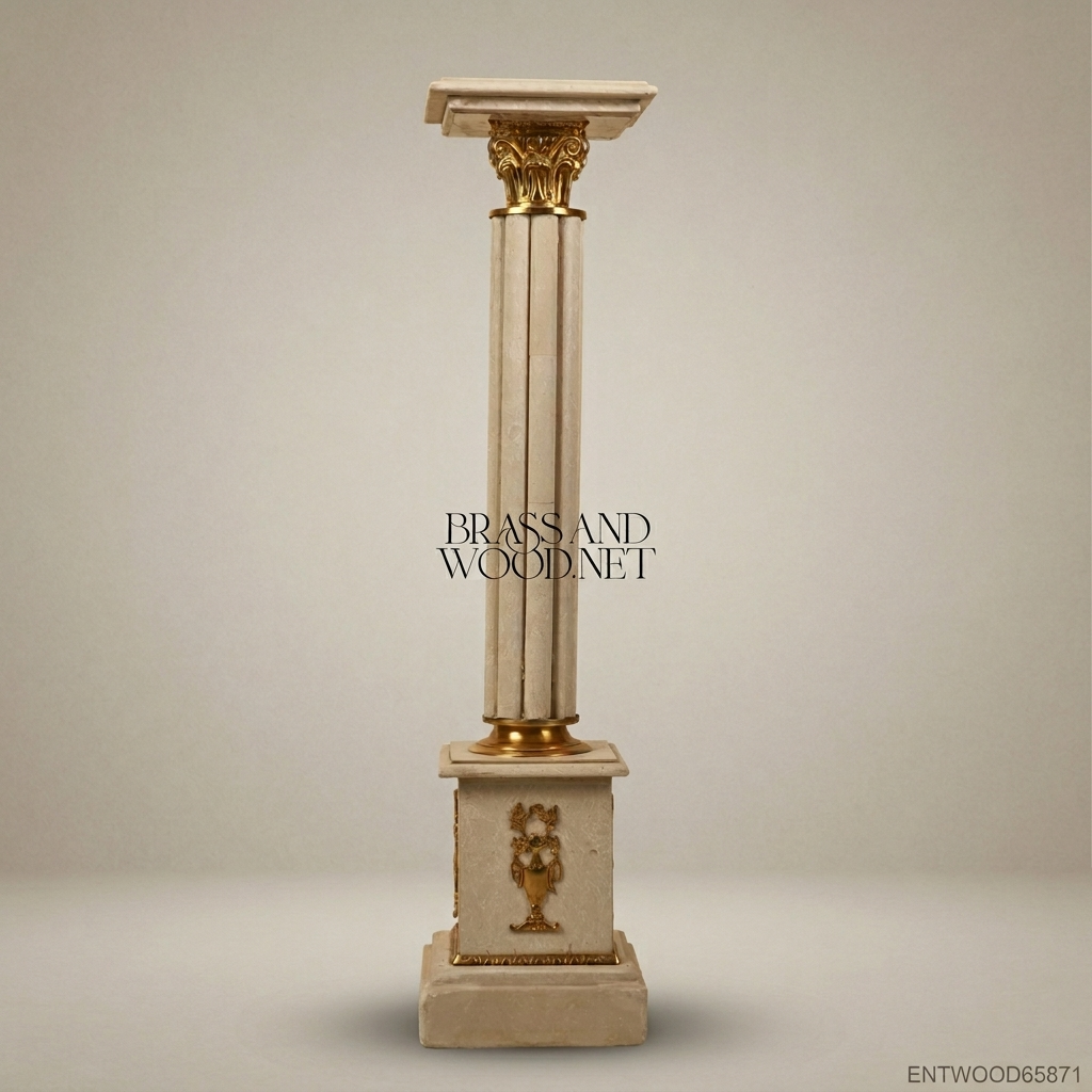 Neoclassical Marble Pedestal Column with Gilt Brass Corinthian Capital