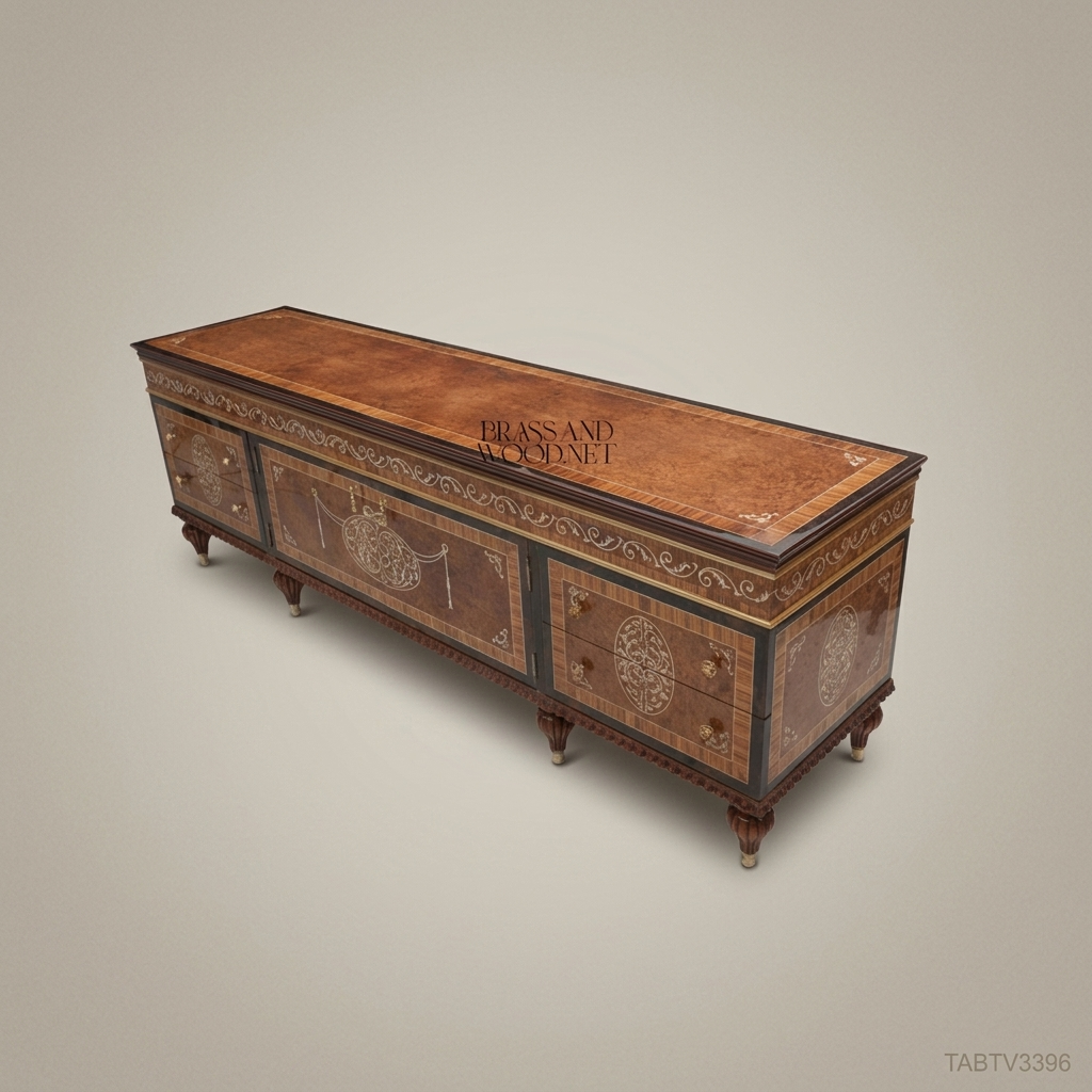 Neoclassical Marquetry TV Cabinet – Brass Inlay & Carved Solid Wood
