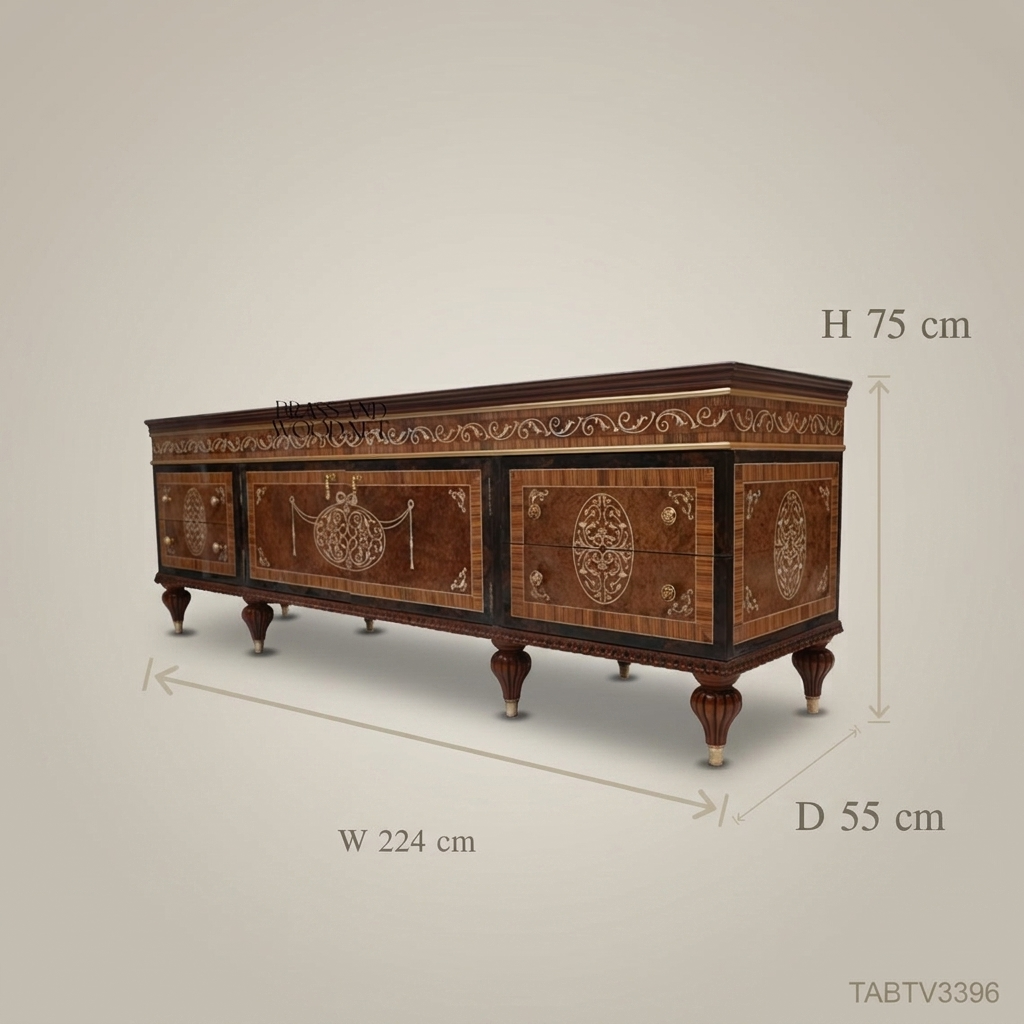 Neoclassical Marquetry TV Cabinet – Brass Inlay & Carved Solid Wood
