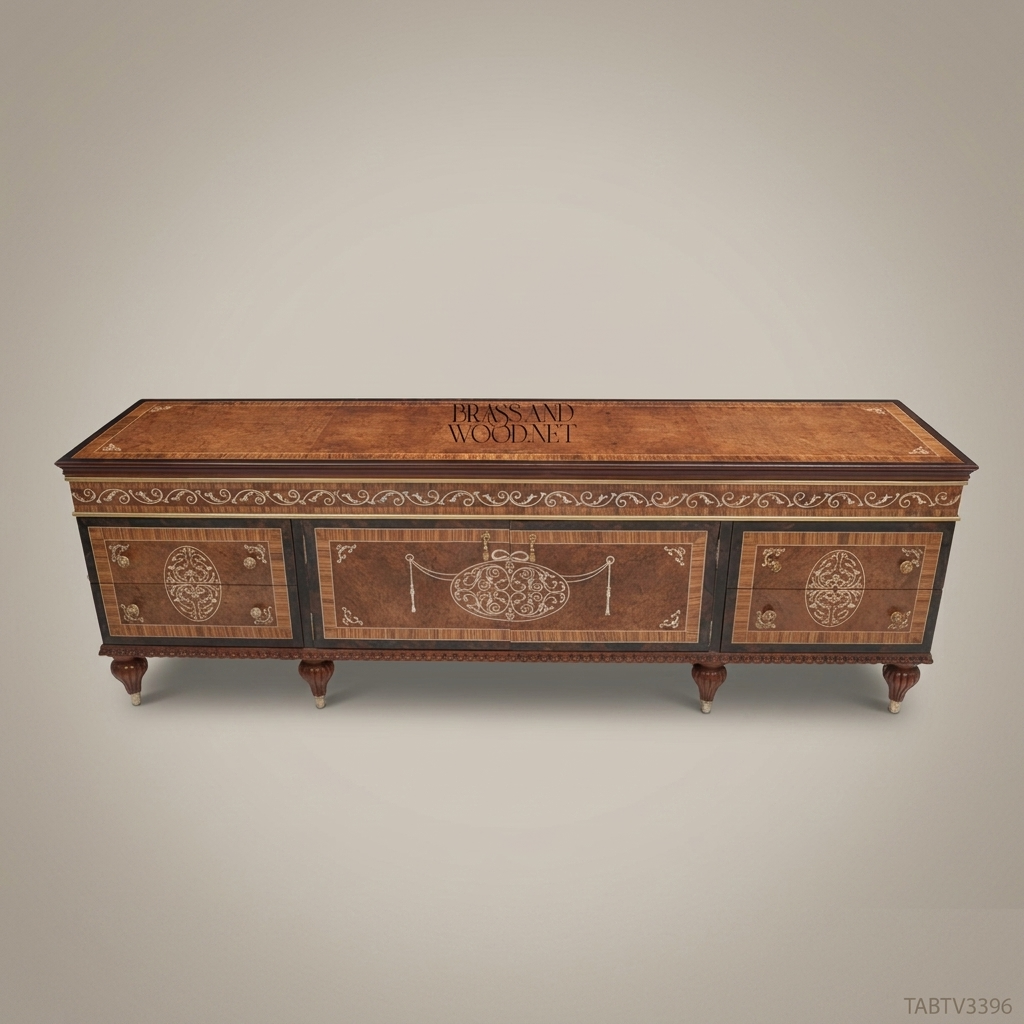 Neoclassical Marquetry TV Cabinet – Brass Inlay & Carved Solid Wood