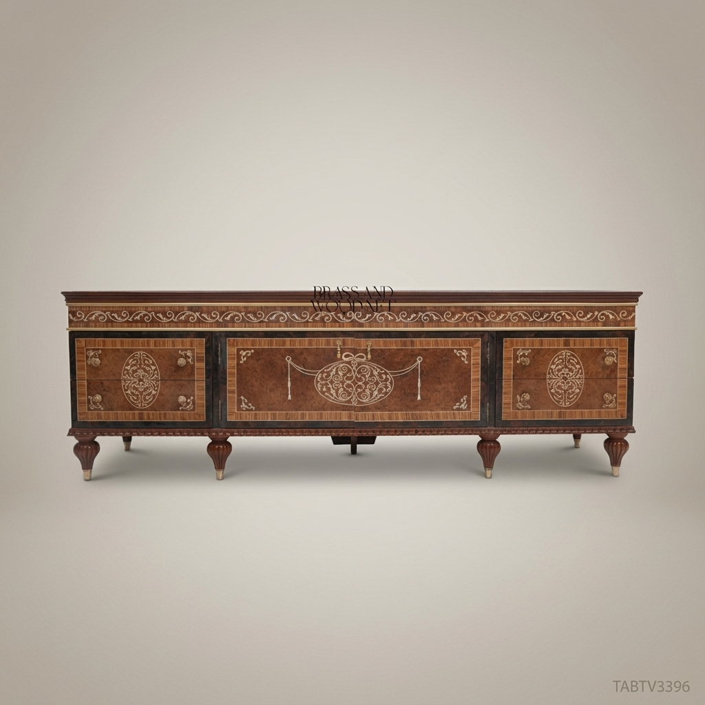 Neoclassical Marquetry TV Cabinet – Brass Inlay & Carved Solid Wood