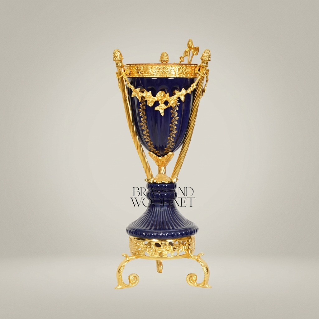 Neoclassical Navy Blue Ceramic Urn Incense Burner - Gilt Brass Swag & Tripod Stand