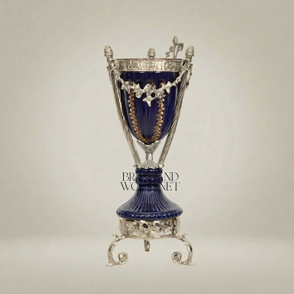Neoclassical Navy Blue Ceramic Urn Incense Burner - Gilt Brass Swag & Tripod Stand — Silver