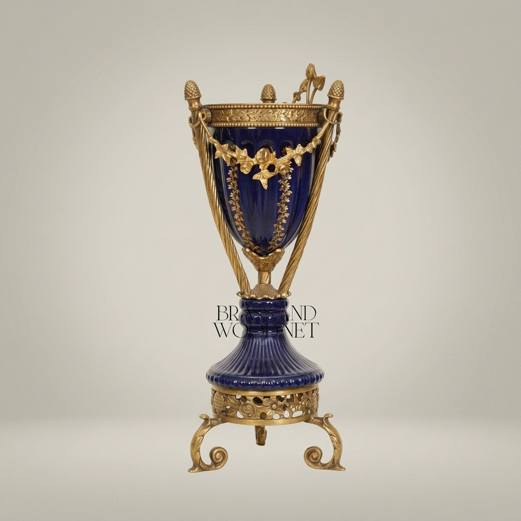 Neoclassical Navy Blue Ceramic Urn Incense Burner - Gilt Brass Swag & Tripod Stand — Antique Gold
