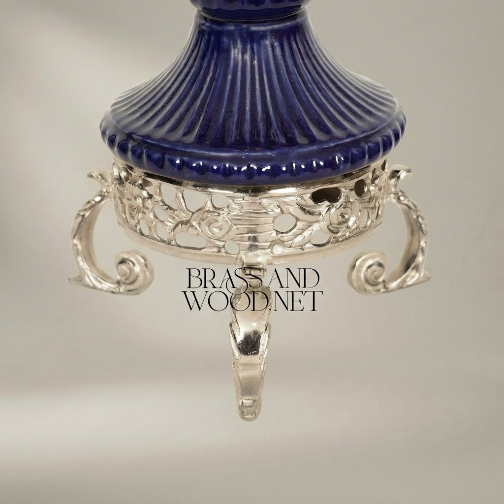 Neoclassical Navy Blue Ceramic Urn Incense Burner - Gilt Brass Swag & Tripod Stand — Silver