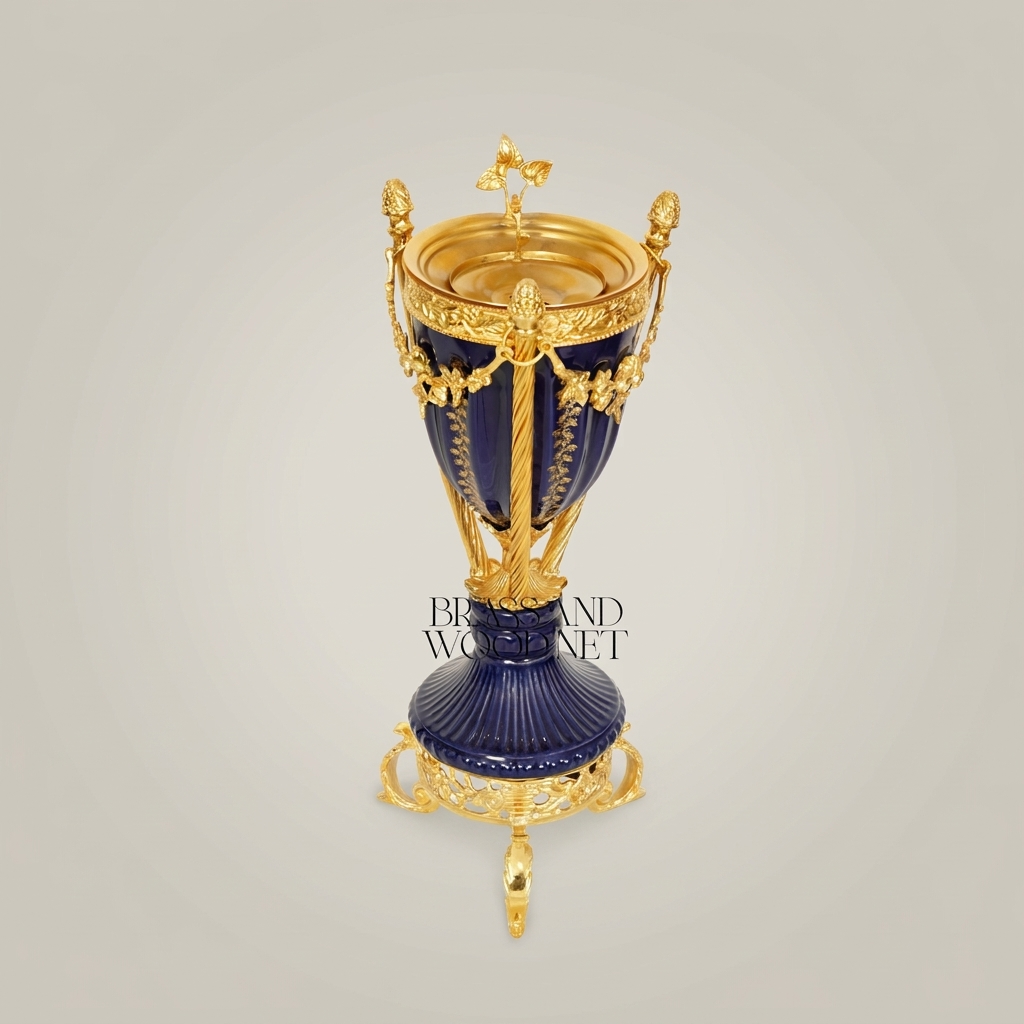 Neoclassical Navy Blue Ceramic Urn Incense Burner - Gilt Brass Swag & Tripod Stand