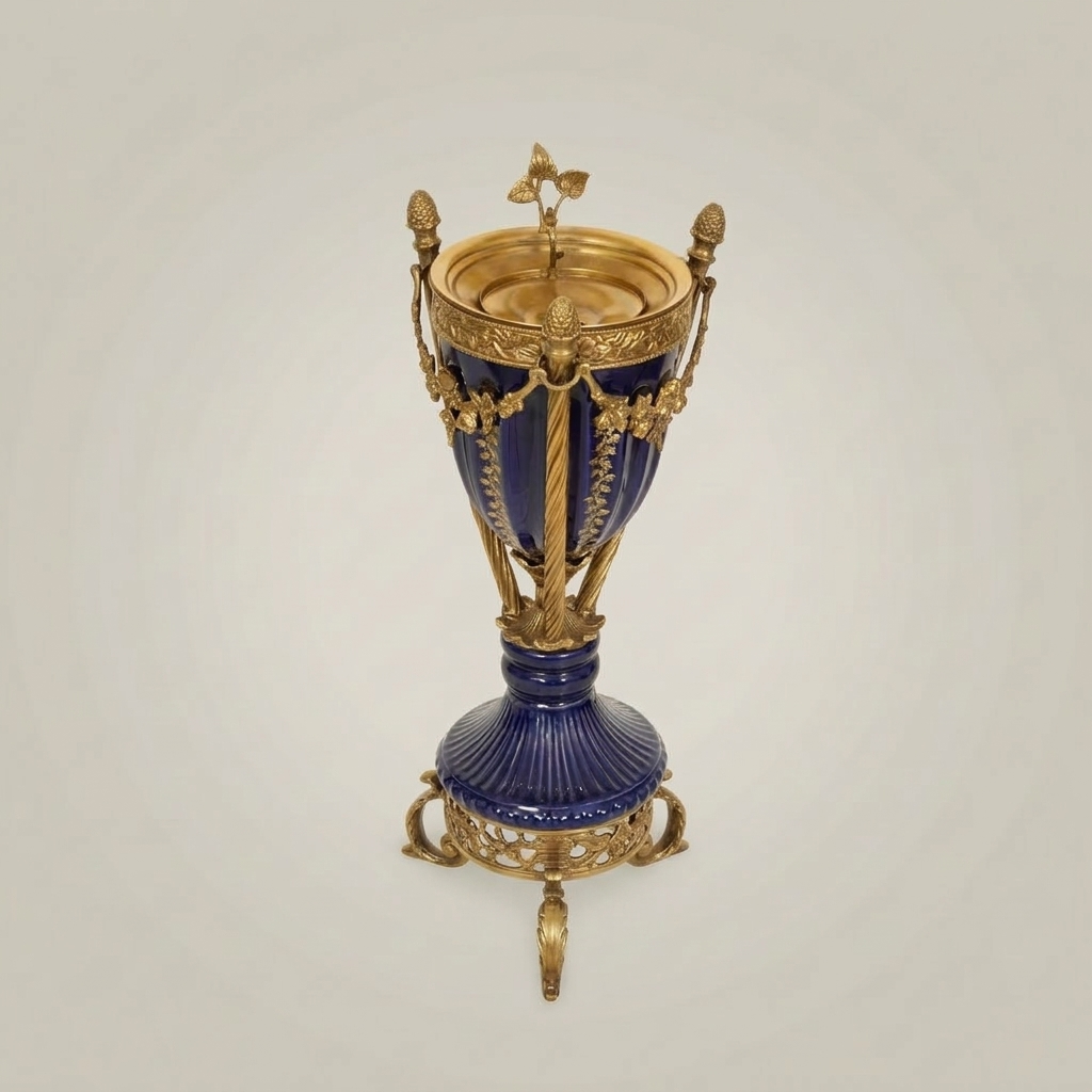 Neoclassical Navy Blue Ceramic Urn Incense Burner - Gilt Brass Swag & Tripod Stand — Antique Gold