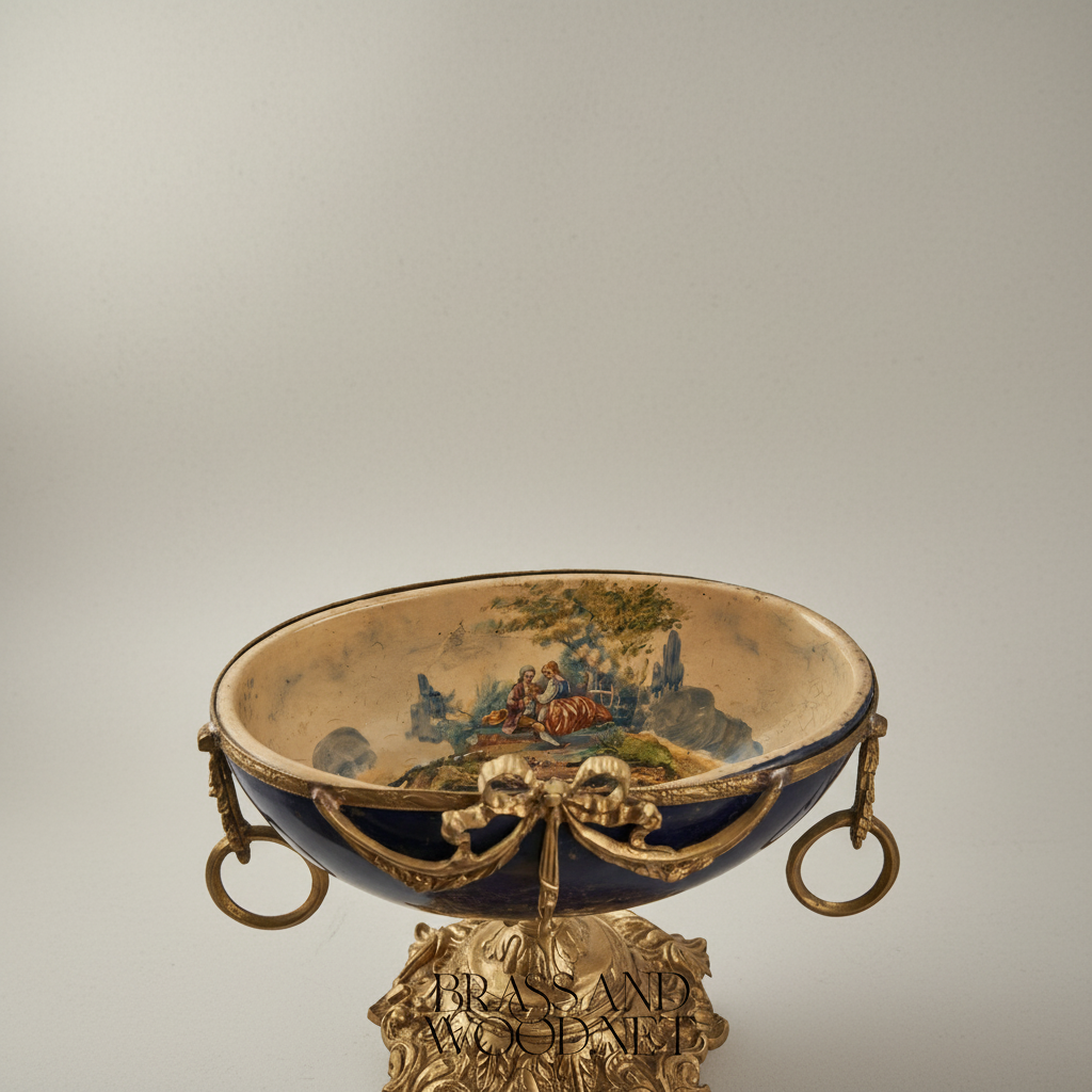 Neoclassical Navy Ceramic Coupe Bowl with Ormolu Swag & Scrolled Handles — Antique Gold