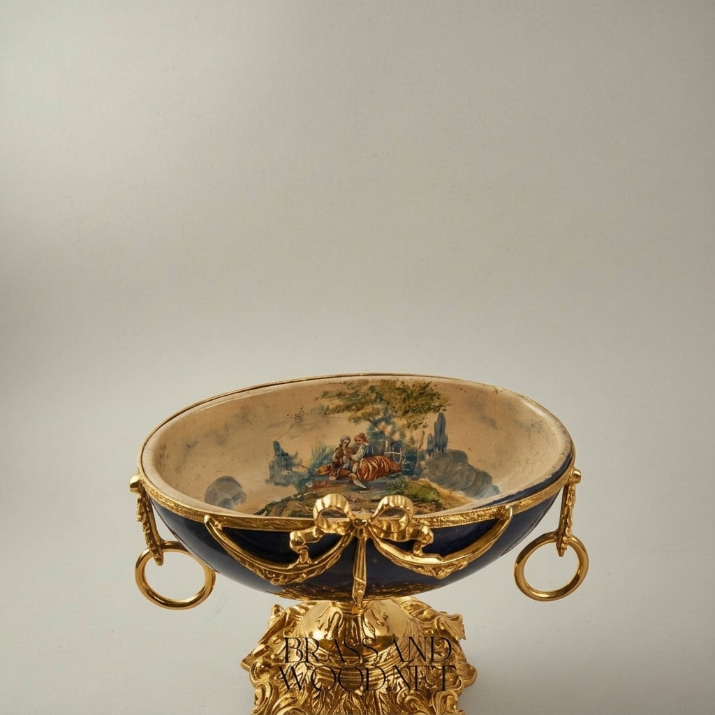Neoclassical Navy Ceramic Coupe Bowl with Ormolu Swag & Scrolled Handles — Gold