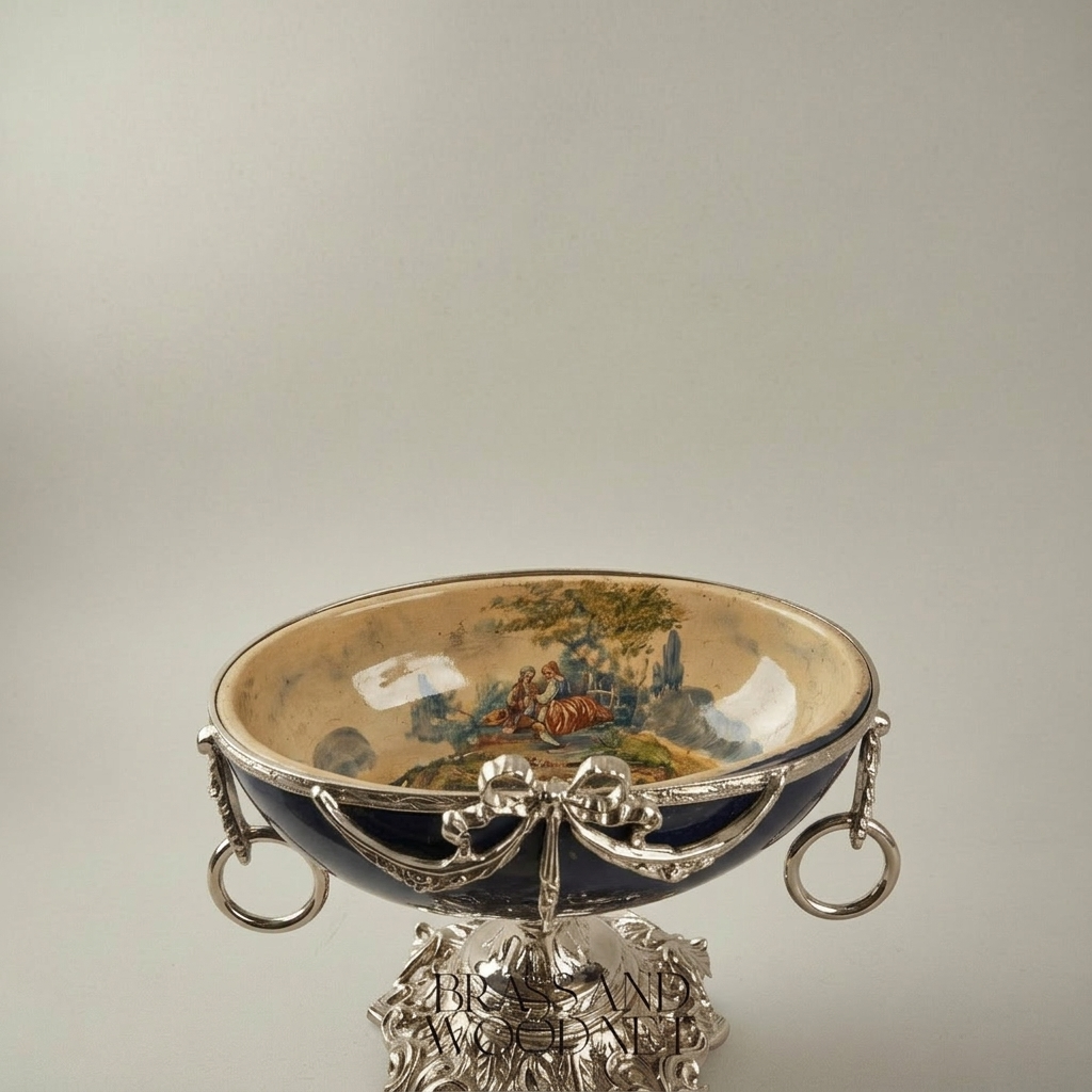 Neoclassical Navy Ceramic Coupe Bowl with Ormolu Swag & Scrolled Handles — Silver