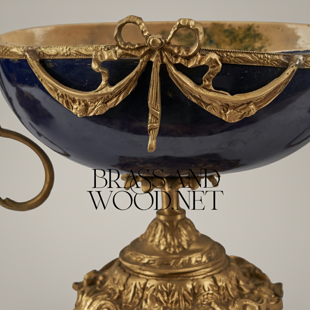 Neoclassical Navy Ceramic Coupe Bowl with Ormolu Swag & Scrolled Handles — Antique Gold