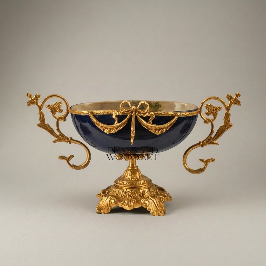 Neoclassical Navy Ceramic Coupe Bowl with Ormolu Swag & Scrolled Handles — Gold