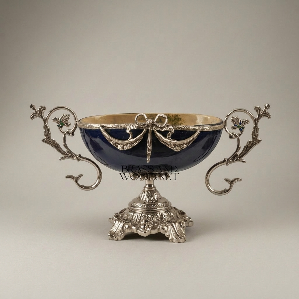 Neoclassical Navy Ceramic Coupe Bowl with Ormolu Swag & Scrolled Handles — Silver