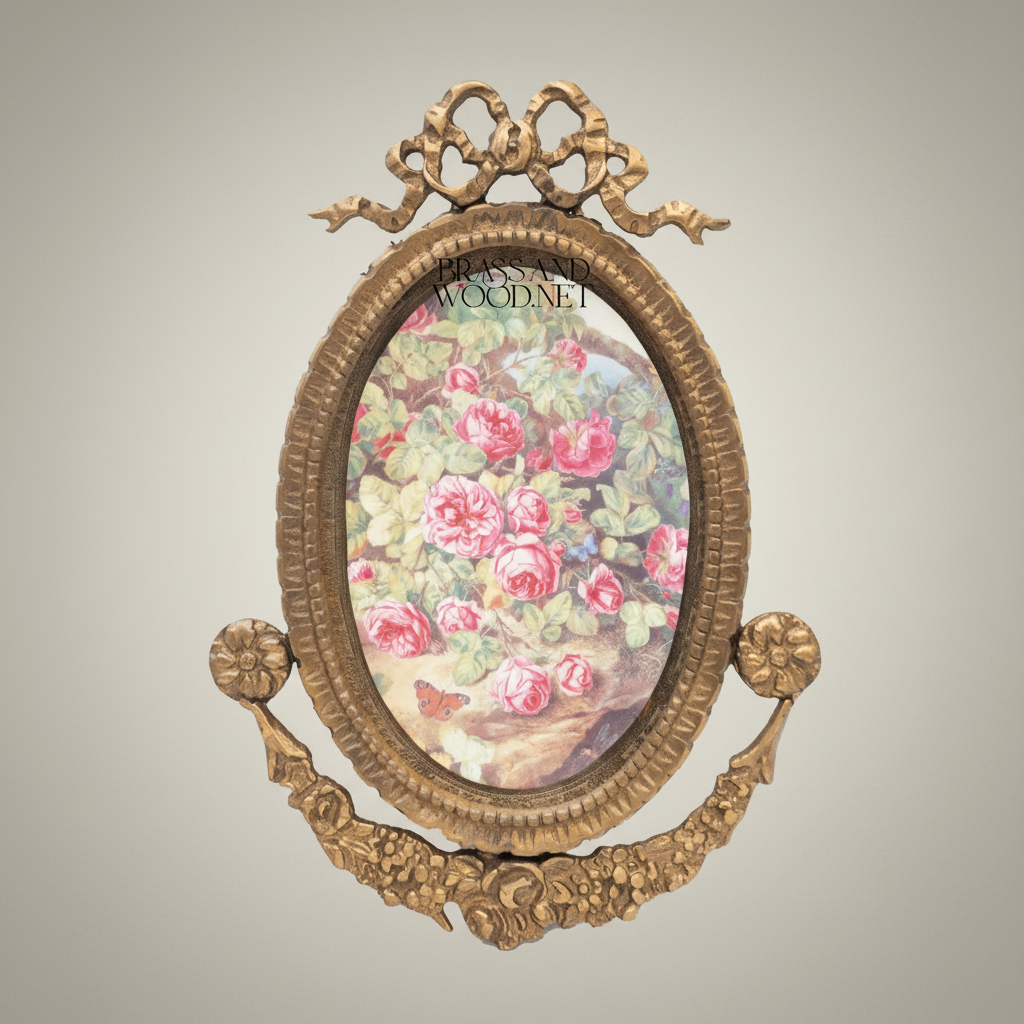 Neoclassical Oval Brass Photo Frame with Ribbon Crest & Floral Garland