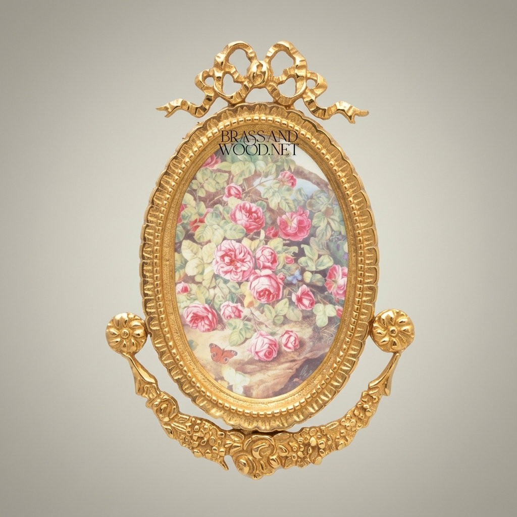 Neoclassical Oval Brass Photo Frame with Ribbon Crest & Floral Garland — Gold