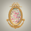 Neoclassical Oval Brass Photo Frame with Ribbon Crest & Floral Garland — Gold